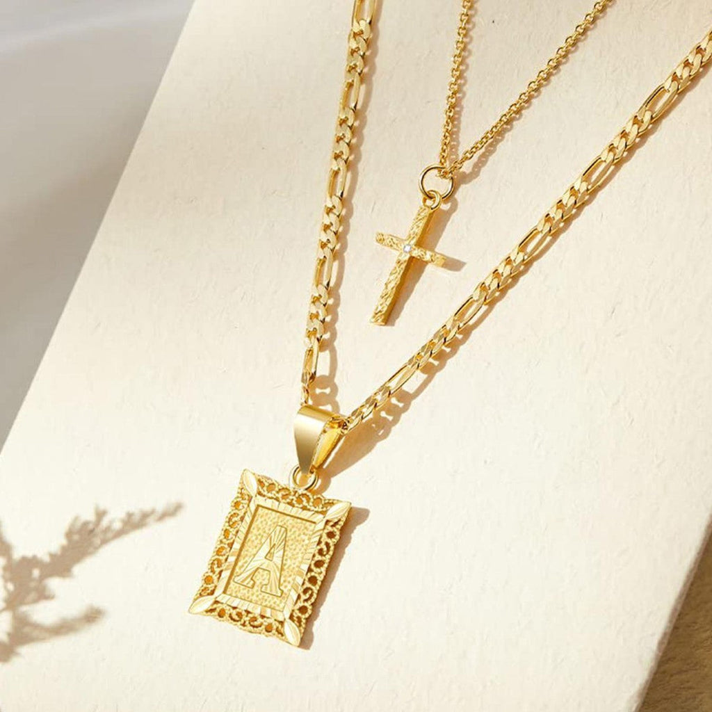 2 Piece Initial Letter & Cross Necklace Set