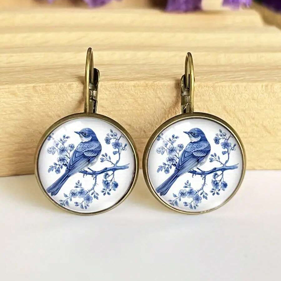 Blue Bird Shaped Round Hook Earrings