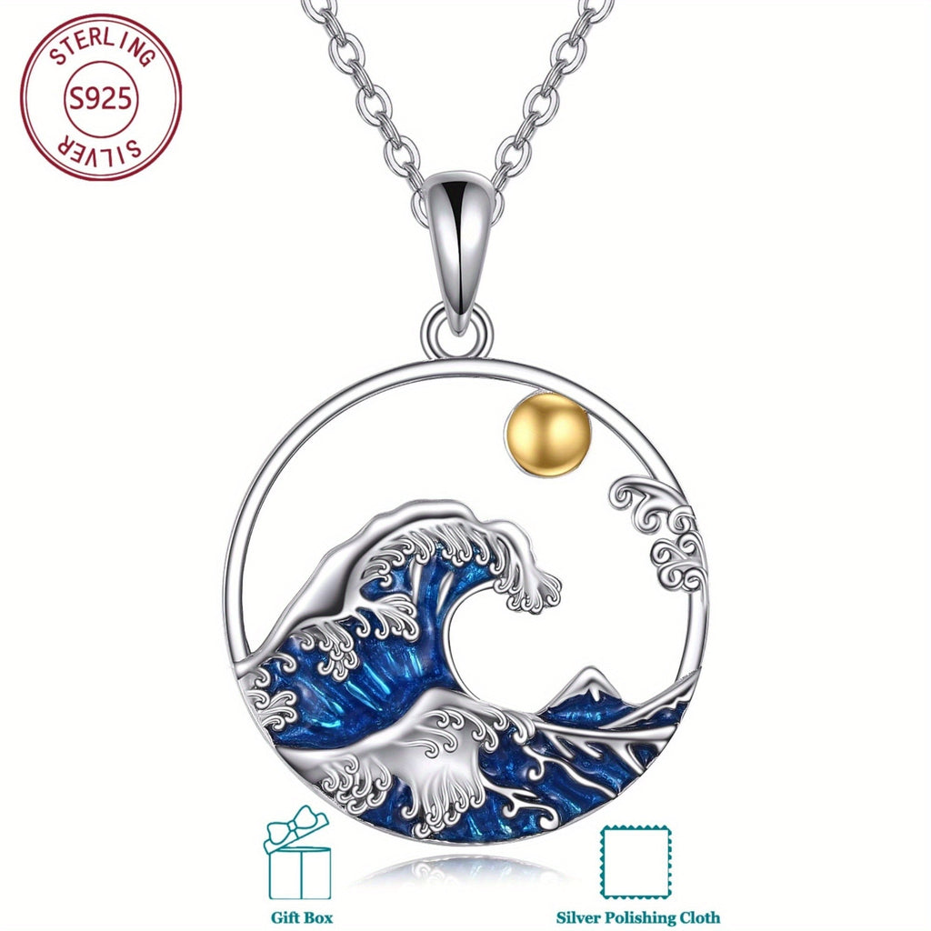 Coastal Wave & Sun Silver Pendant Necklace