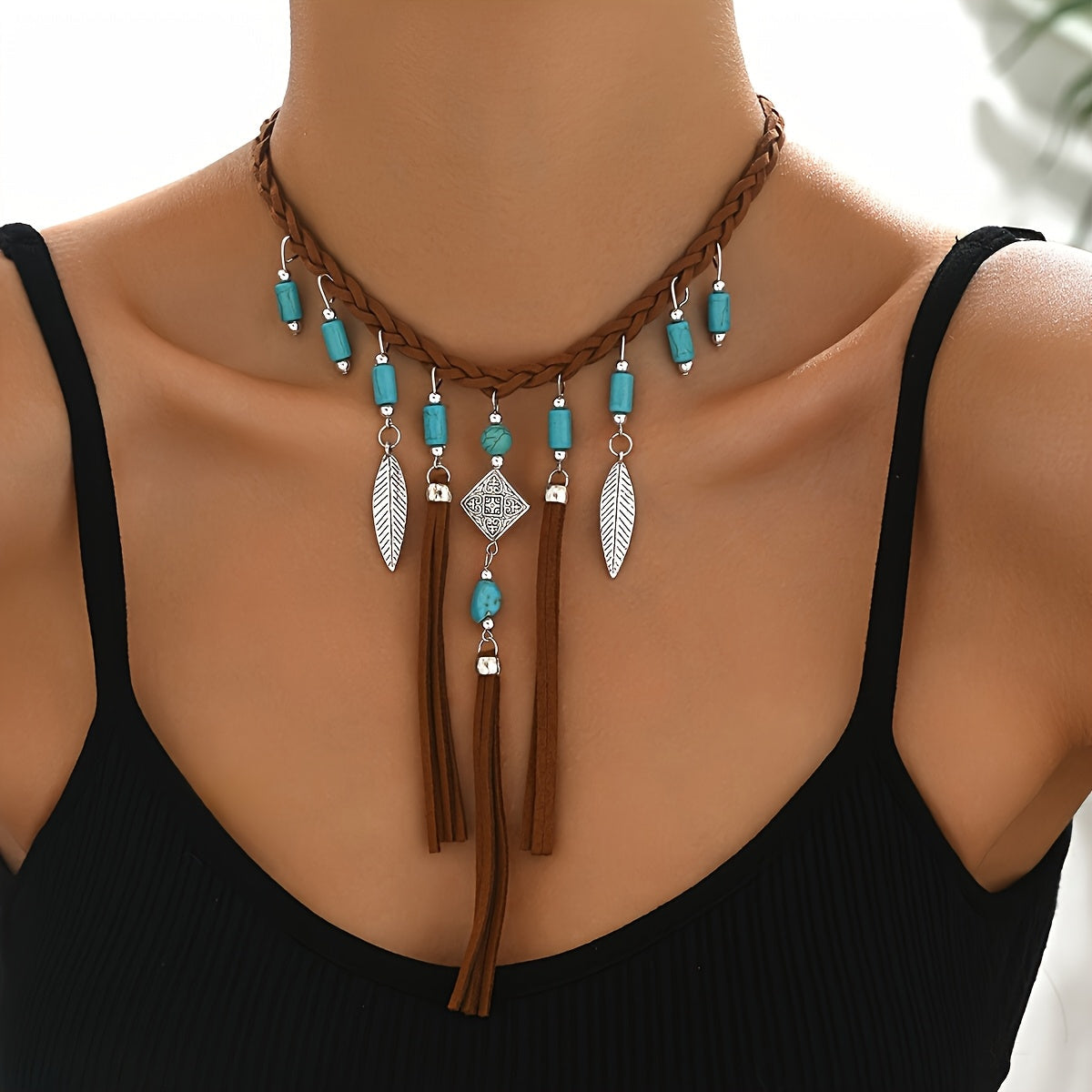 Beads Silver Feather Tassel Necklace
