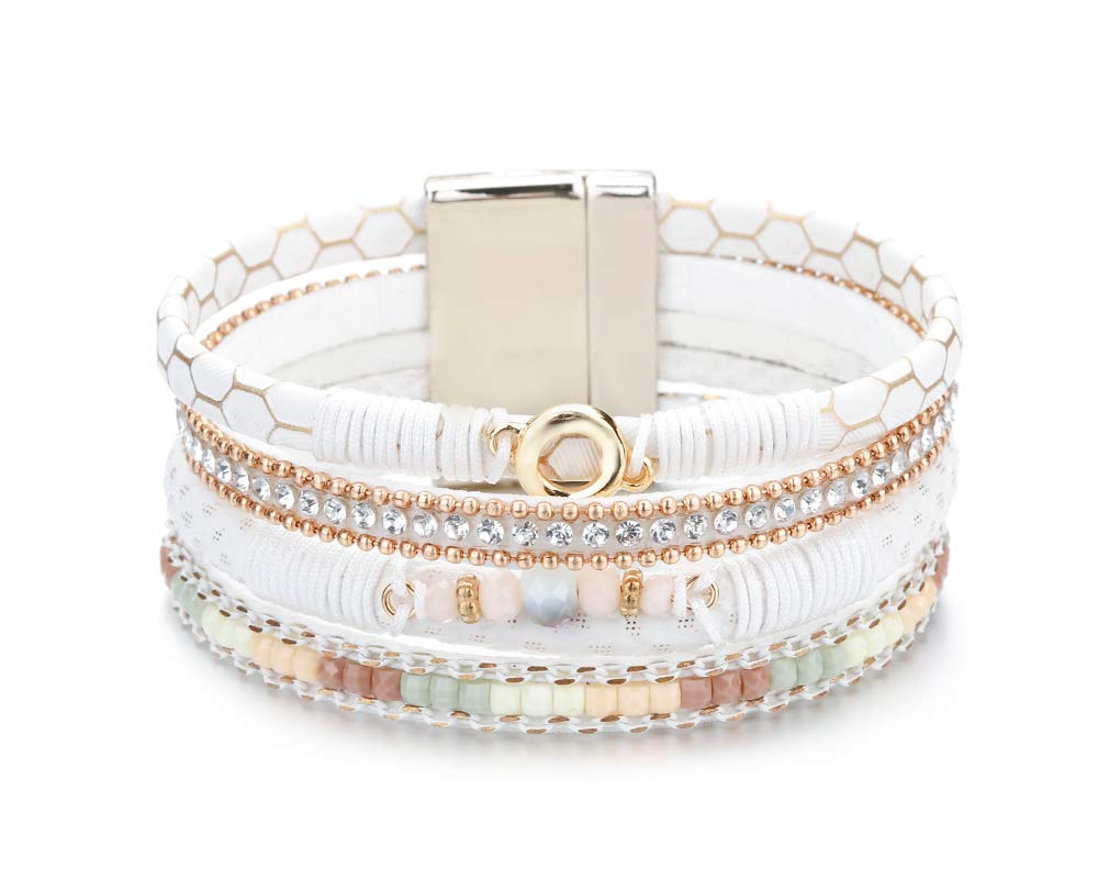 Fesciory Leather Wrap Bracelets for Women, Boho Leopard Multi-Layer Crystal Beads Cuff Bracelet Jewelry