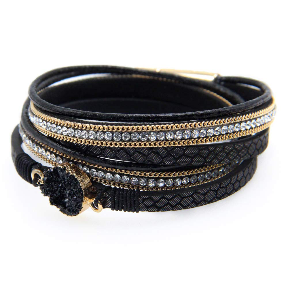 Fesciory Leather Wrap Bracelets for Women, Boho Leopard Multi-Layer Crystal Beads Cuff Bracelet Jewelry