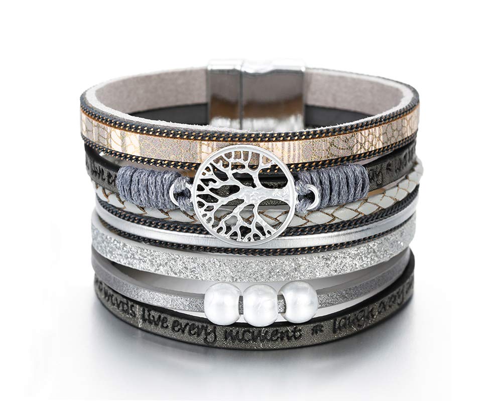 Fesciory Leather Wrap Bracelets for Women, Boho Leopard Multi-Layer Crystal Beads Cuff Bracelet Jewelry