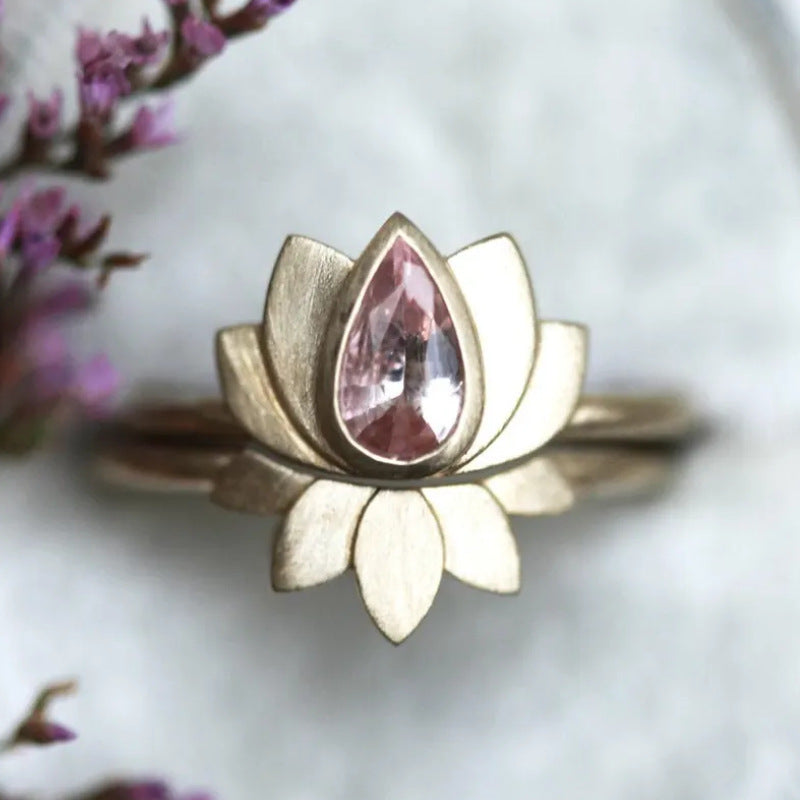Pink Zirconia Inlay Lotus Flower Ring Set