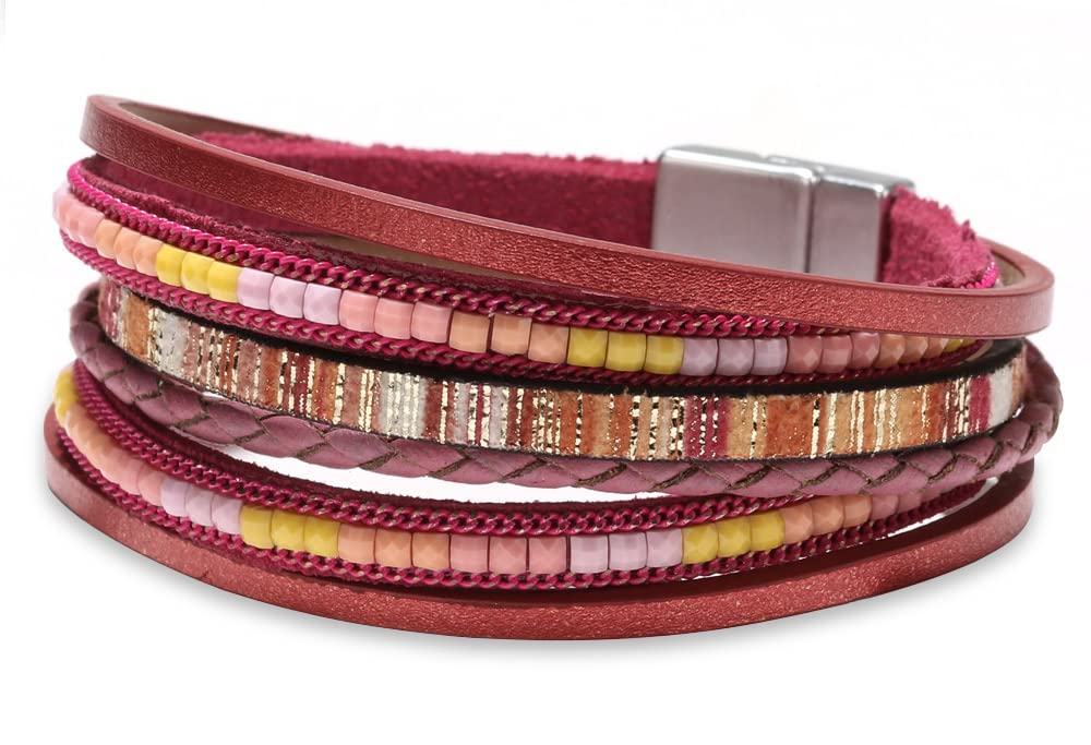 Fesciory Leather Wrap Bracelets for Women, Boho Leopard Multi-Layer Crystal Beads Cuff Bracelet Jewelry