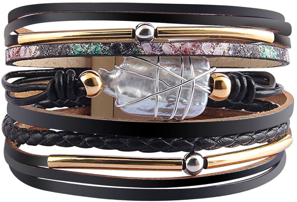 Fesciory Leather Wrap Bracelets for Women, Boho Leopard Multi-Layer Crystal Beads Cuff Bracelet Jewelry