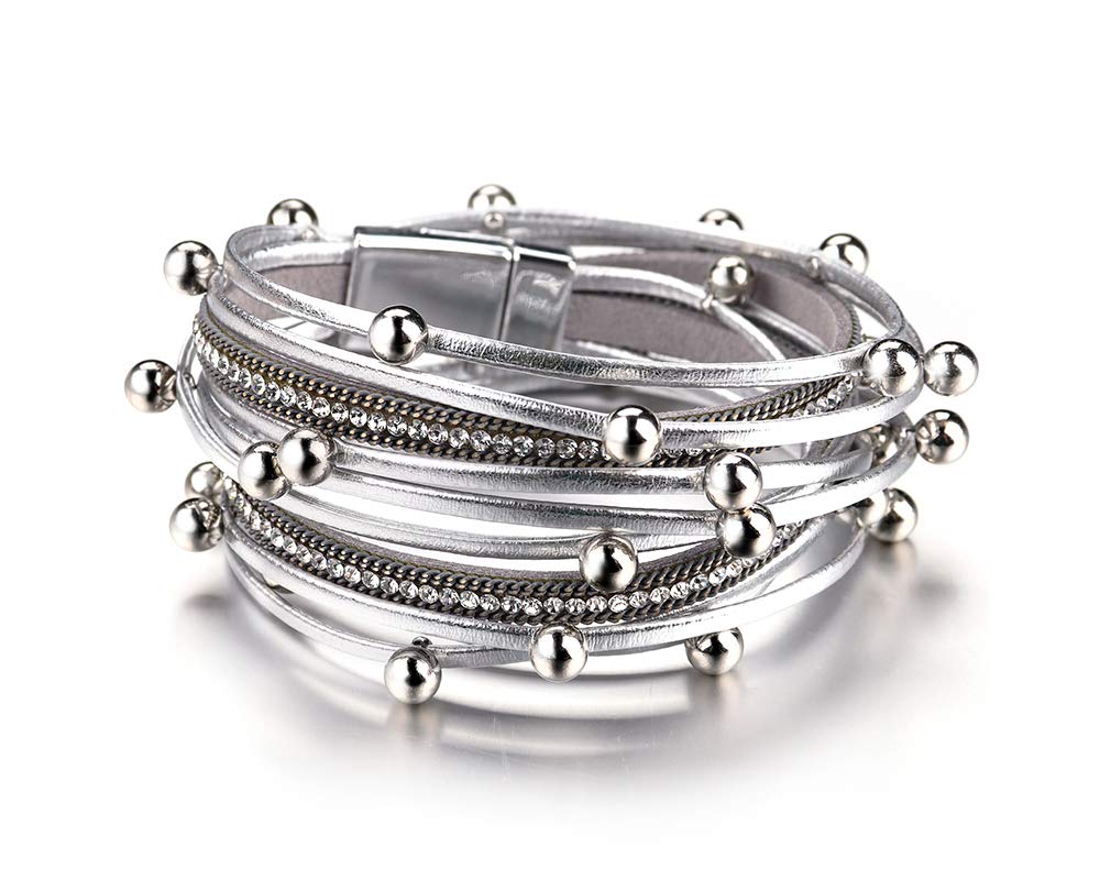 Fesciory Leather Wrap Bracelets for Women, Boho Leopard Multi-Layer Crystal Beads Cuff Bracelet Jewelry