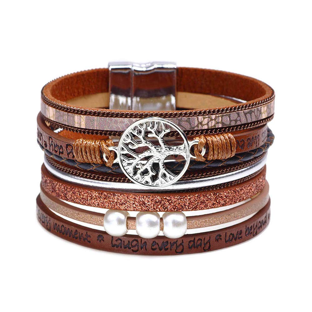 Fesciory Leather Wrap Bracelets for Women, Boho Leopard Multi-Layer Crystal Beads Cuff Bracelet Jewelry