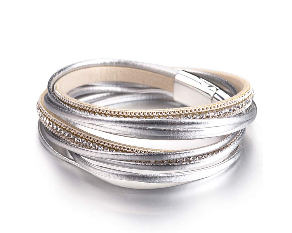 Fesciory Leather Wrap Bracelets for Women, Boho Leopard Multi-Layer Crystal Beads Cuff Bracelet Jewelry