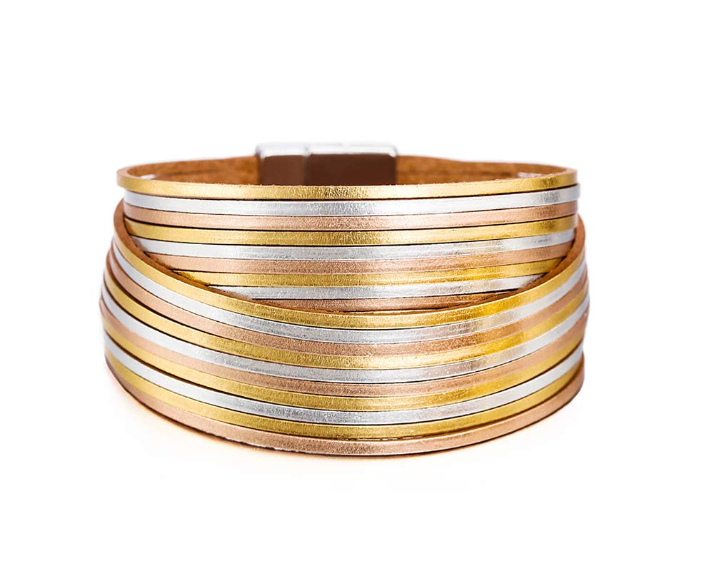 Fesciory Leather Wrap Bracelets for Women, Boho Leopard Multi-Layer Crystal Beads Cuff Bracelet Jewelry