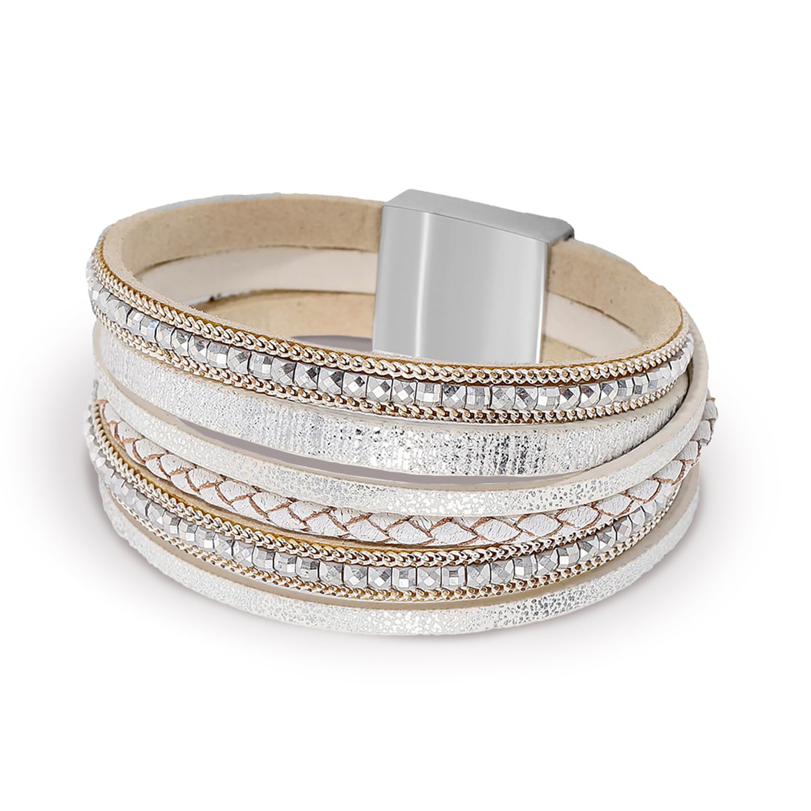 Fesciory Leather Wrap Bracelets for Women, Boho Leopard Multi-Layer Crystal Beads Cuff Bracelet Jewelry