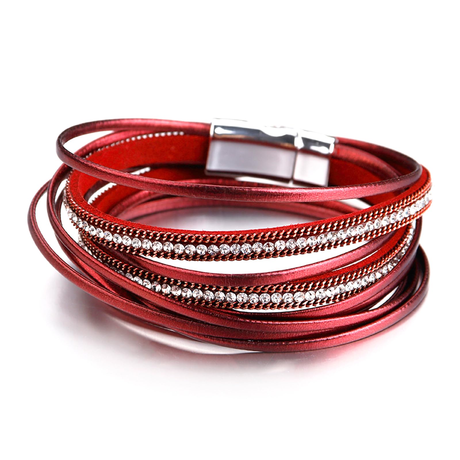 Fesciory Leather Wrap Bracelets for Women, Boho Leopard Multi-Layer Crystal Beads Cuff Bracelet Jewelry