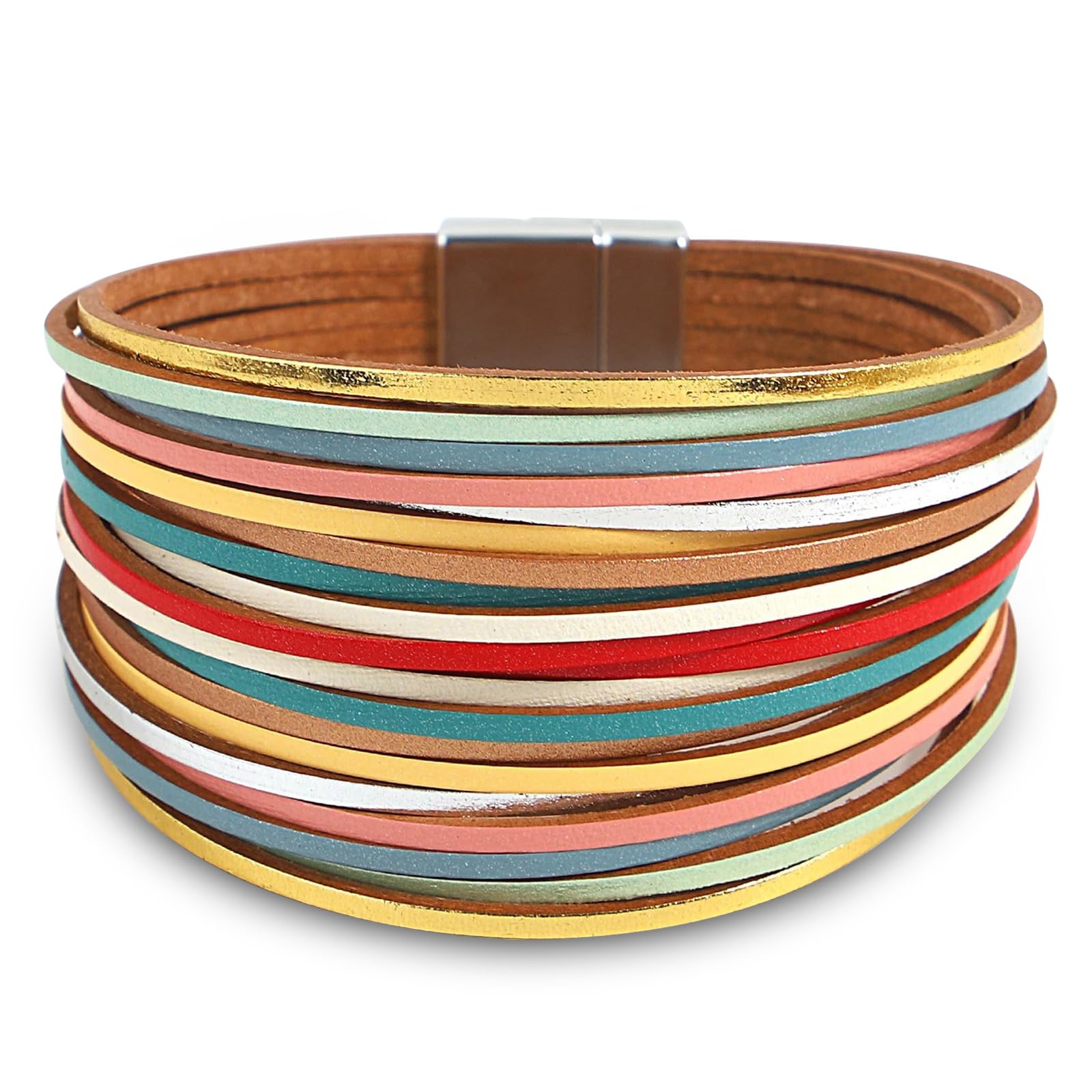 Fesciory Leather Wrap Bracelets for Women, Boho Leopard Multi-Layer Crystal Beads Cuff Bracelet Jewelry