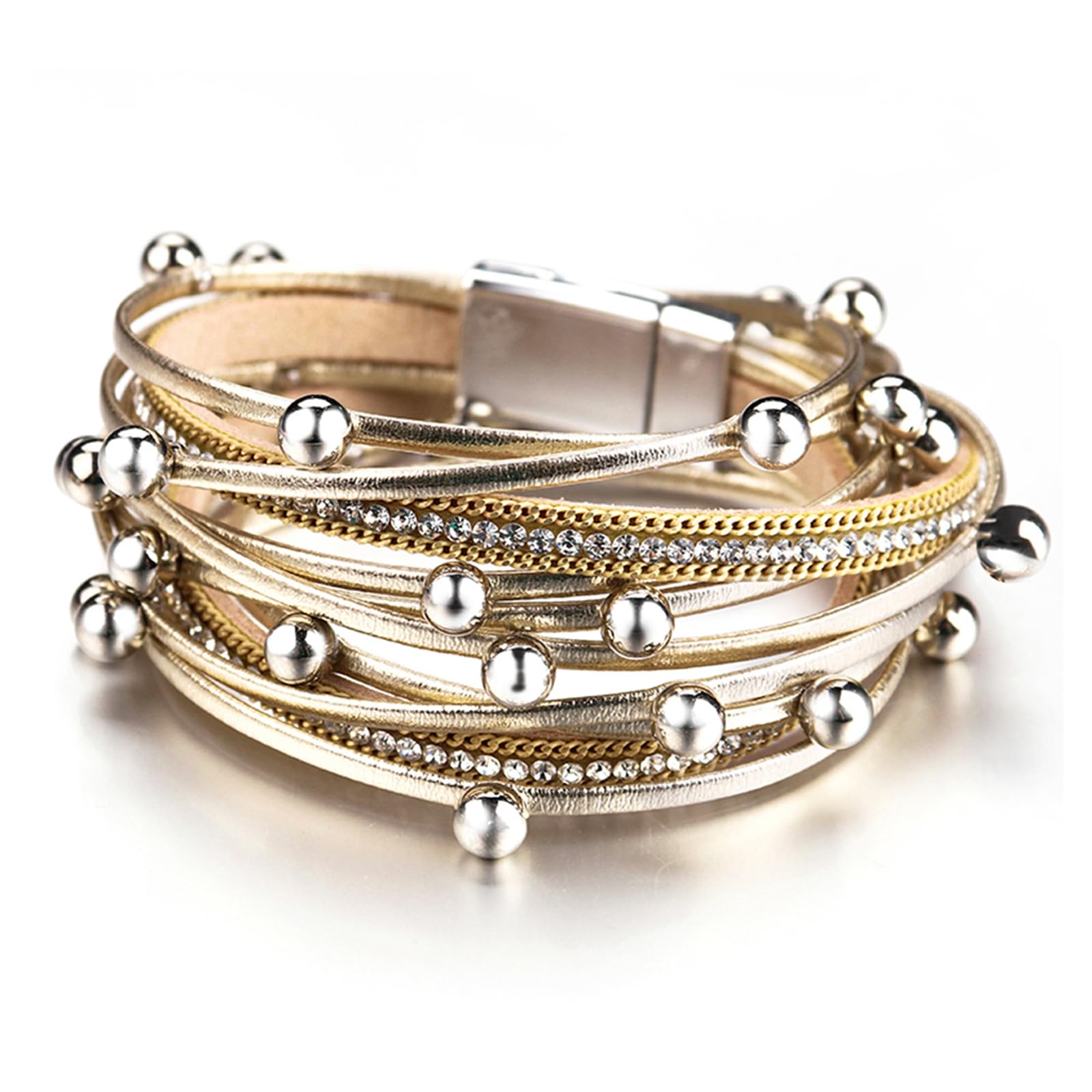 Fesciory Leather Wrap Bracelets for Women, Boho Leopard Multi-Layer Crystal Beads Cuff Bracelet Jewelry