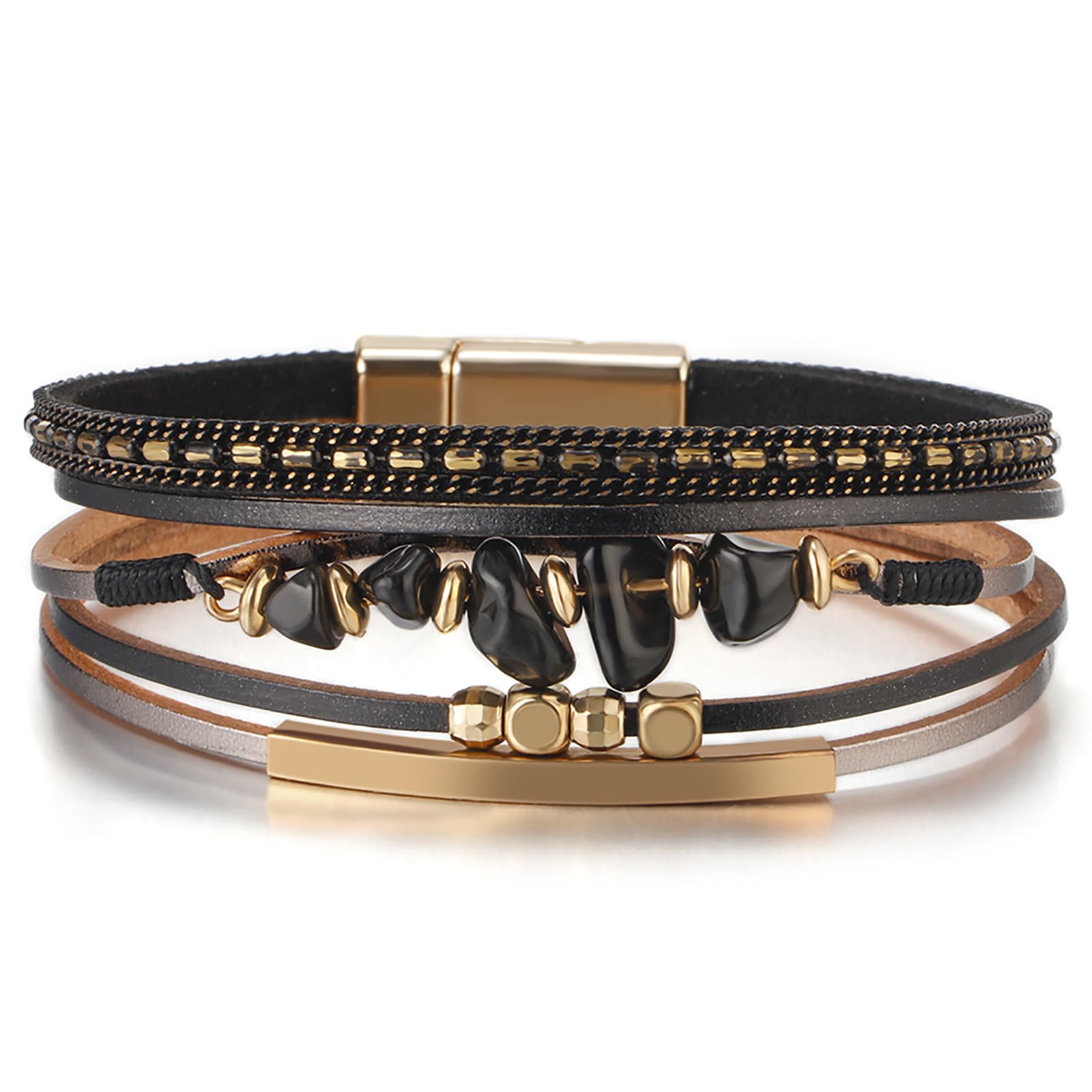 Fesciory Leather Wrap Bracelets for Women, Boho Leopard Multi-Layer Crystal Beads Cuff Bracelet Jewelry