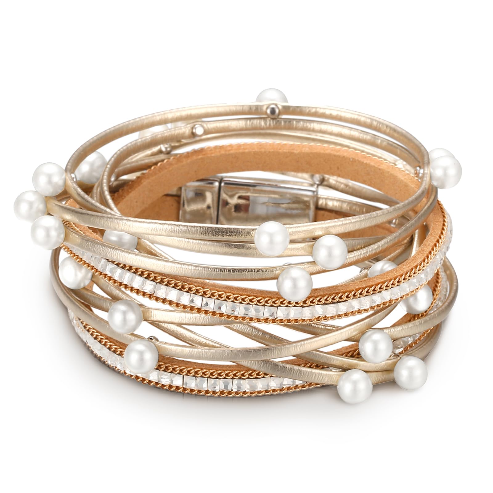 Fesciory Leather Wrap Bracelets for Women, Boho Leopard Multi-Layer Crystal Beads Cuff Bracelet Jewelry