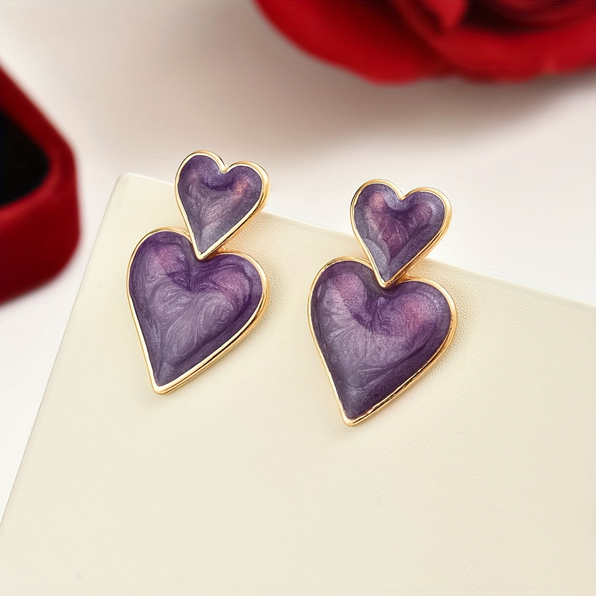 Purple Double Heart Drop Earrings