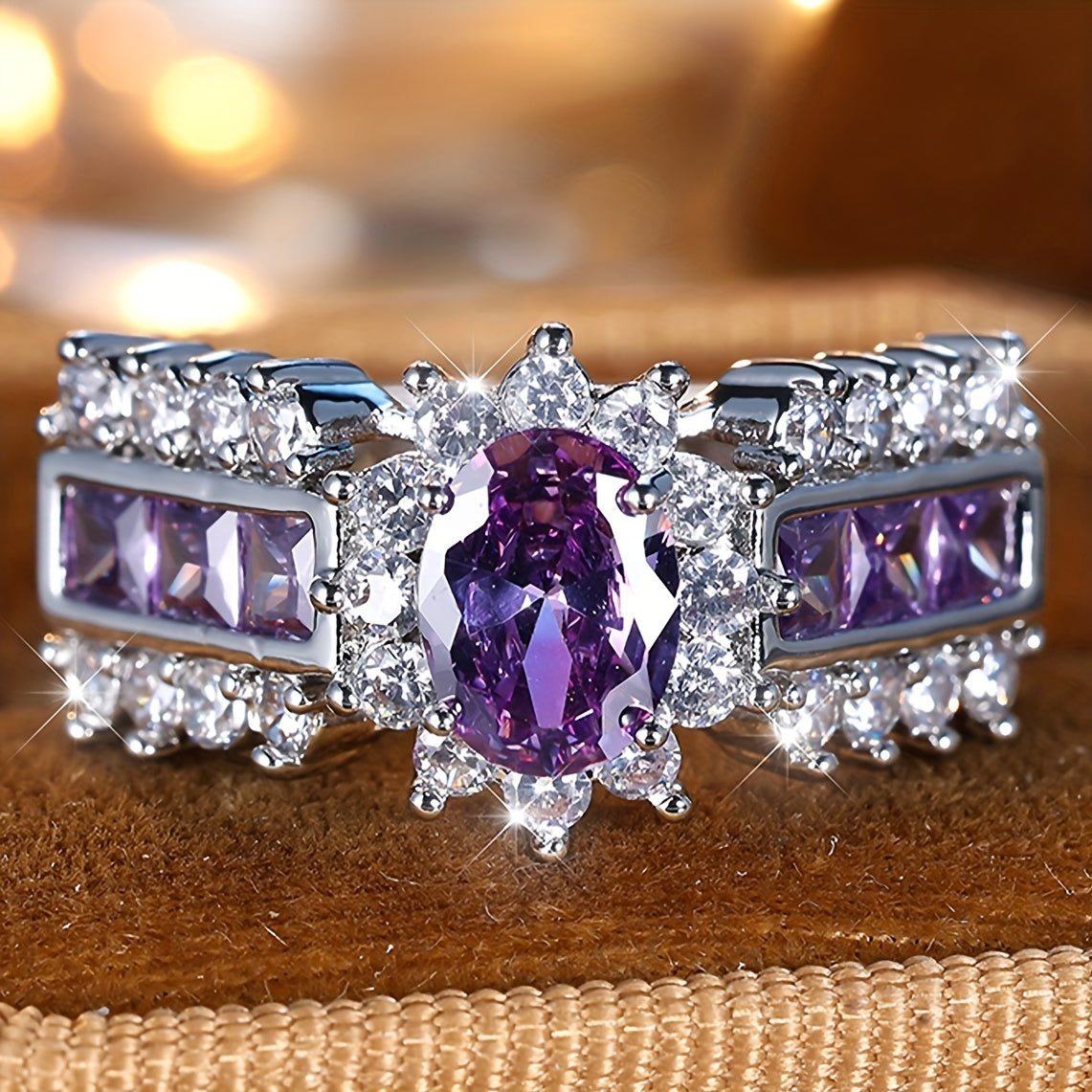 Silver Purple Oval Zirconia Stone Rings
