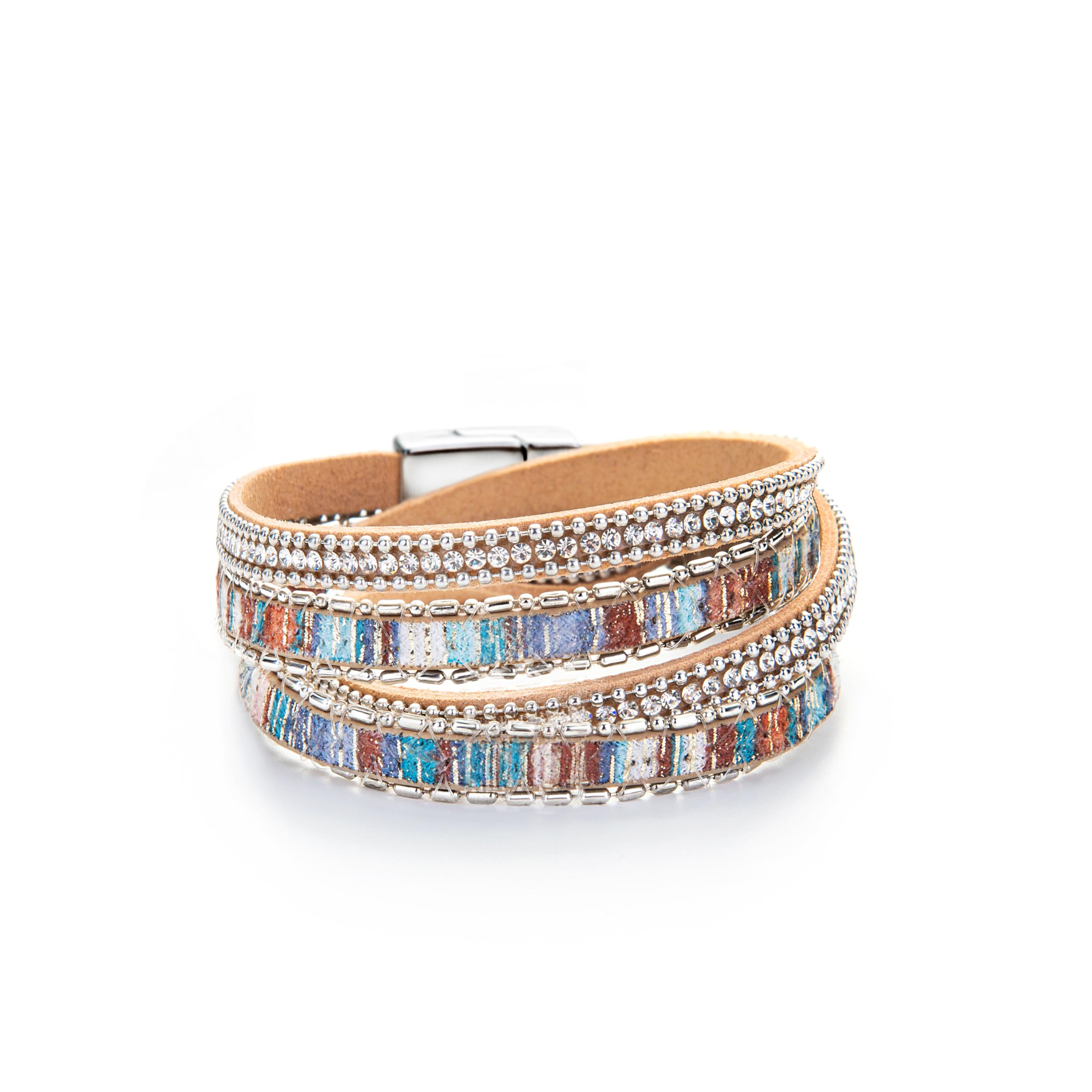 Fesciory Leather Wrap Bracelets for Women, Boho Leopard Multi-Layer Crystal Beads Cuff Bracelet Jewelry