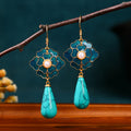Turquoise Floral Design & Pearl Drop Earrings