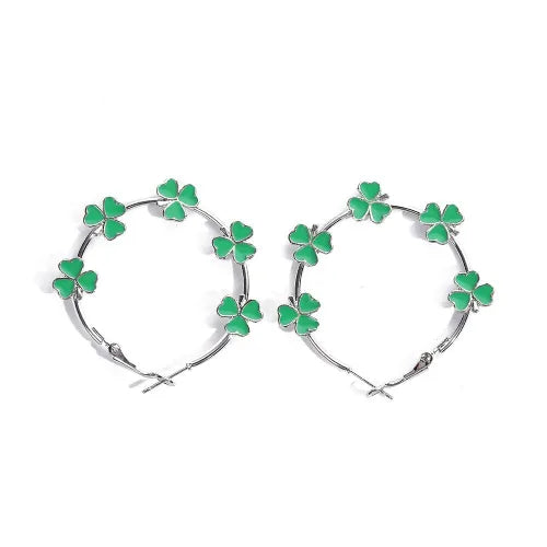 Silver Plated Green Floral Hoop Earrings