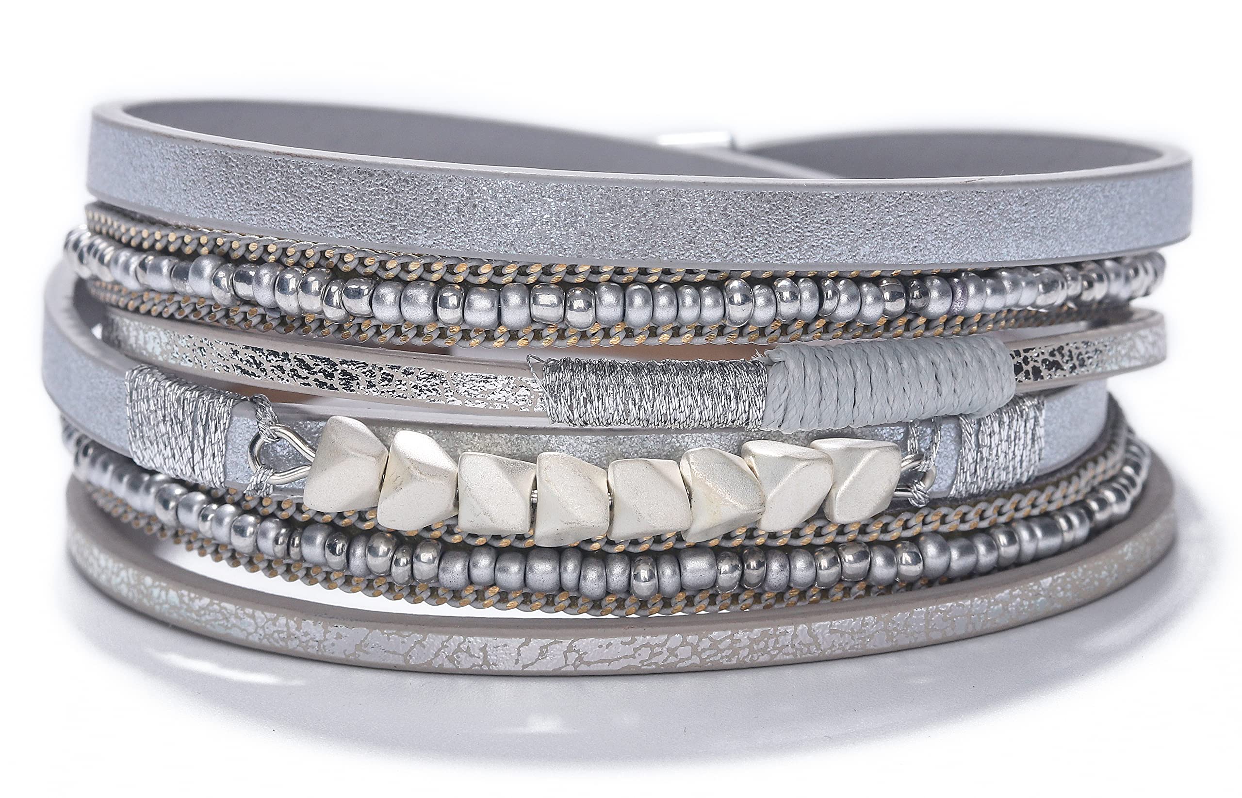 Fesciory Leather Wrap Bracelets for Women, Boho Leopard Multi-Layer Crystal Beads Cuff Bracelet Jewelry