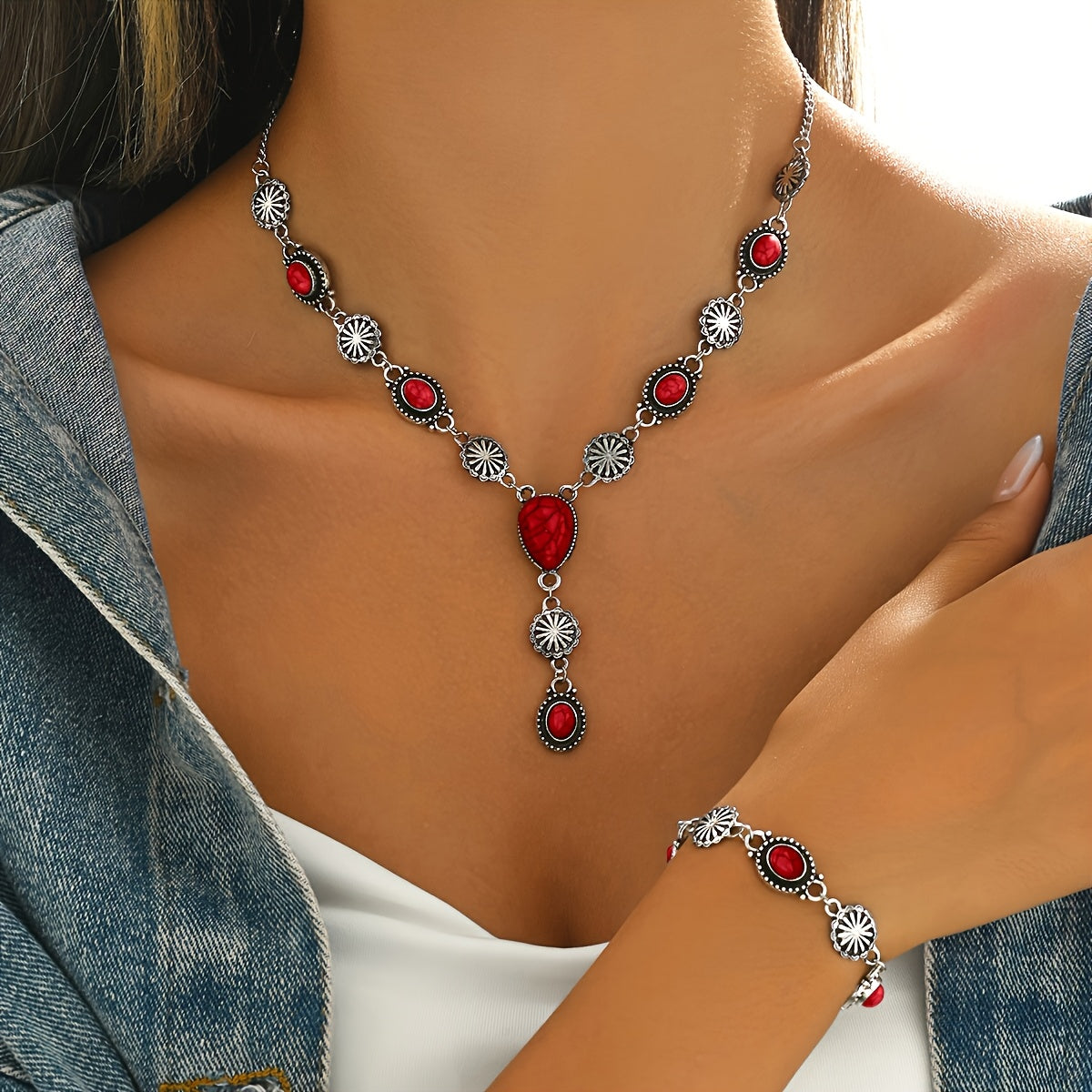 & Silver Floral Necklace and Bracelet Set
