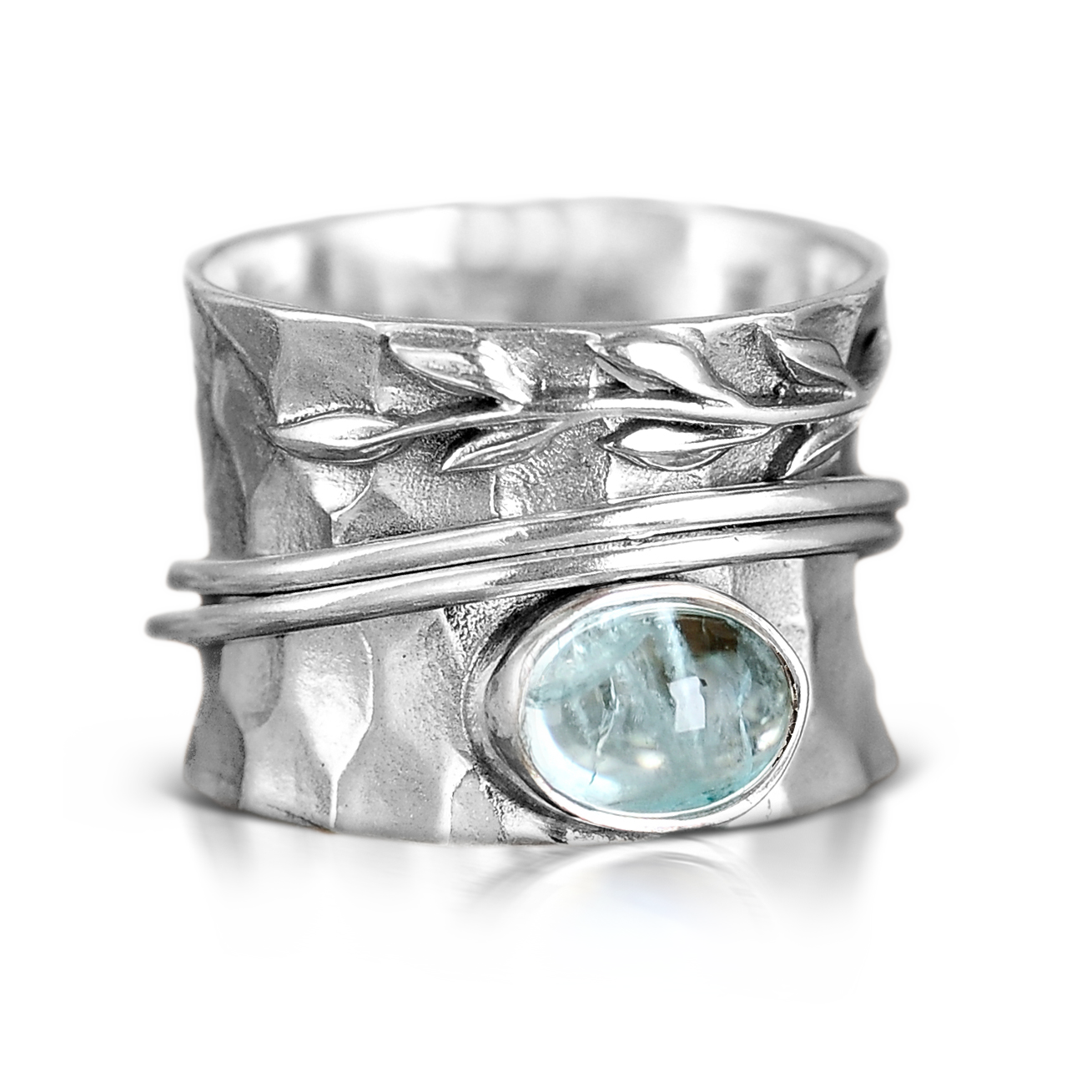 Handcrafted Aquamarine Leaf Spinner Silver Ring