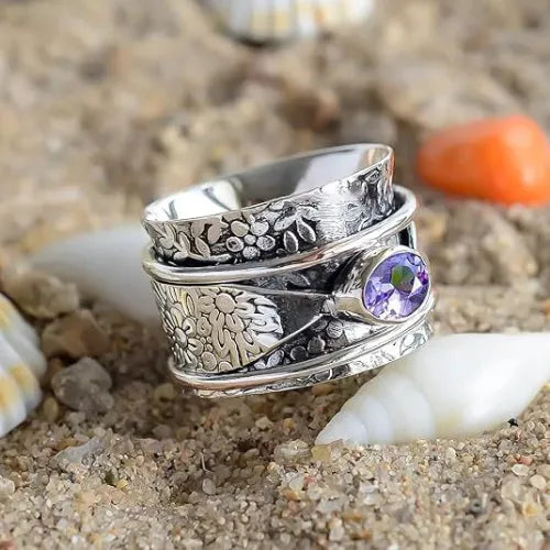 Elegant Purple Quartz Flowers and Butterfly Spinner Ring