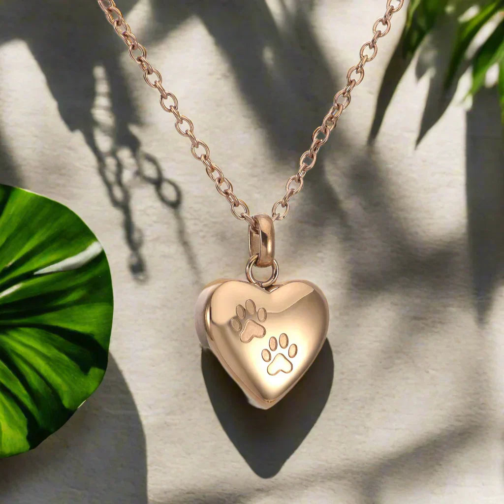 Necklace with Pet Memorial Urn - Heart-Shaped Pendant with Paw Engraving