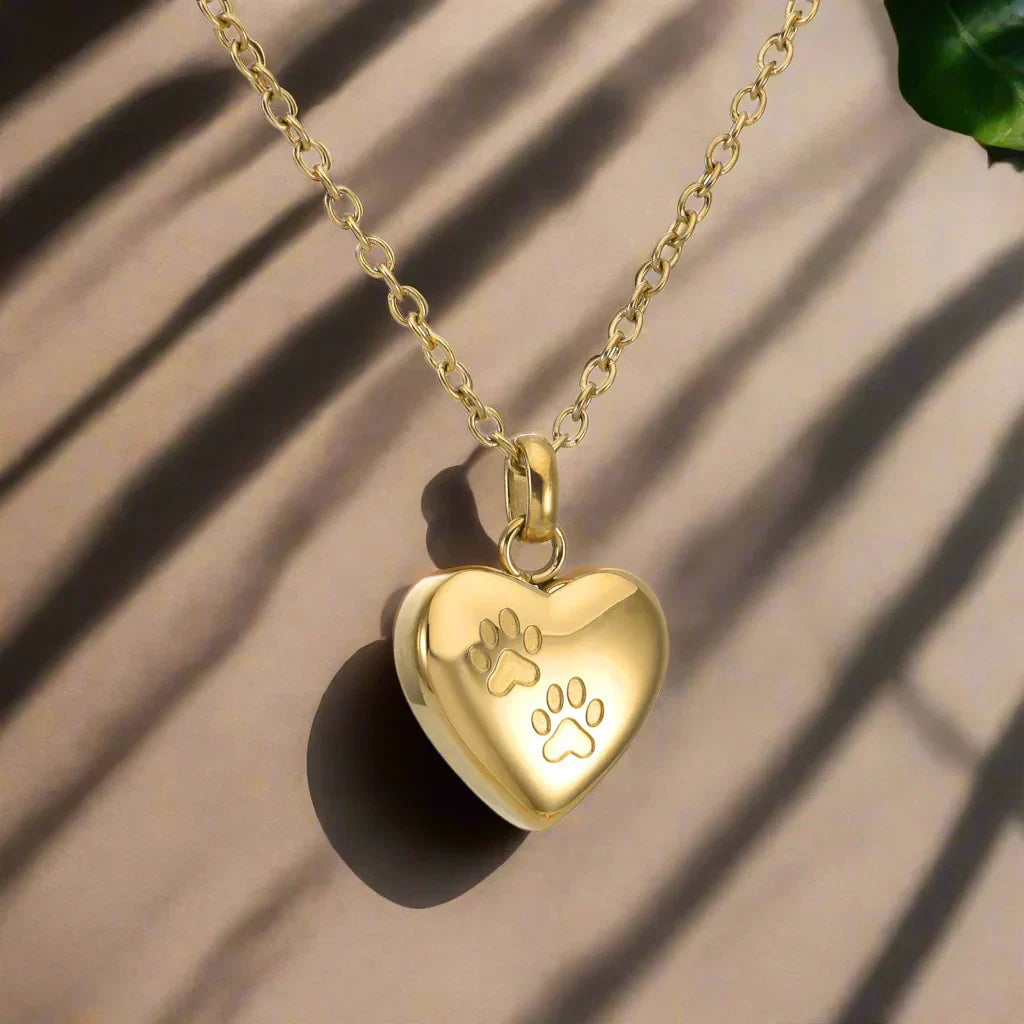 Necklace with Pet Memorial Urn - Heart-Shaped Pendant with Paw Engraving
