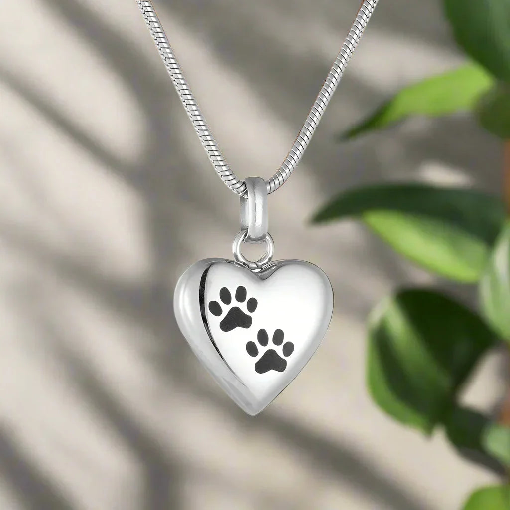 Necklace with Pet Memorial Urn - Heart-Shaped Pendant with Paw Engraving