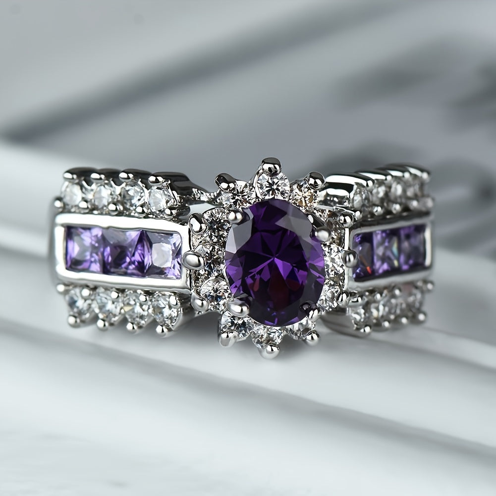 Silver Purple Oval Zirconia Stone Rings