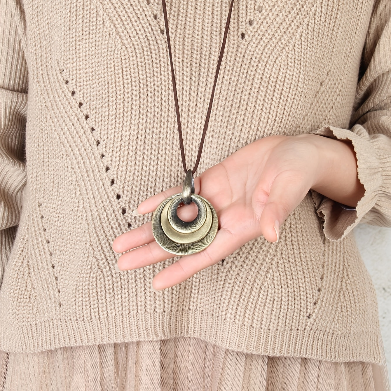 Layered Zinc Alloy Disc Long Pendant Necklace