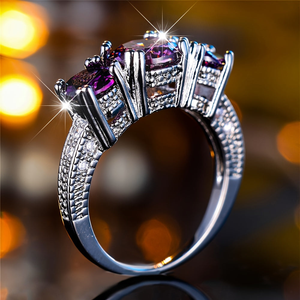 Three Stone Purple Round Zirconia Ring