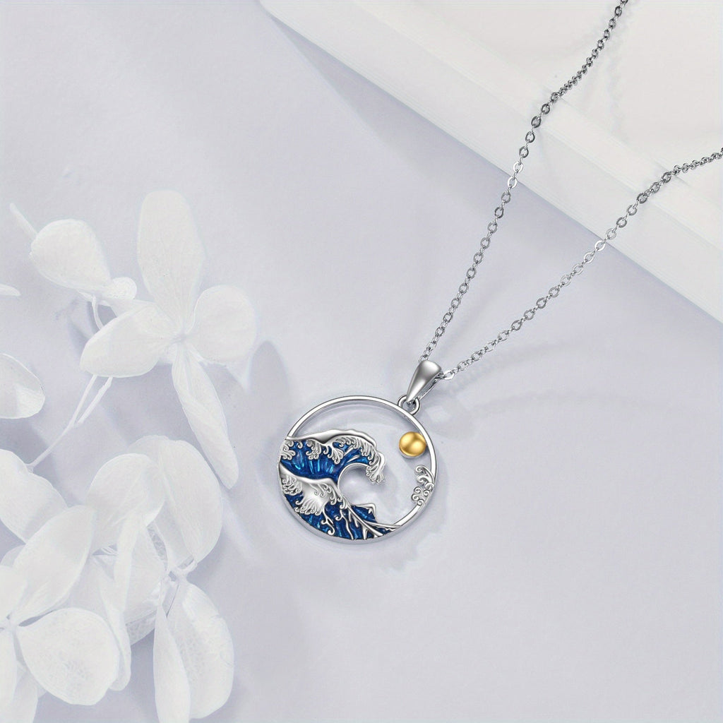 Coastal Wave & Sun Silver Pendant Necklace