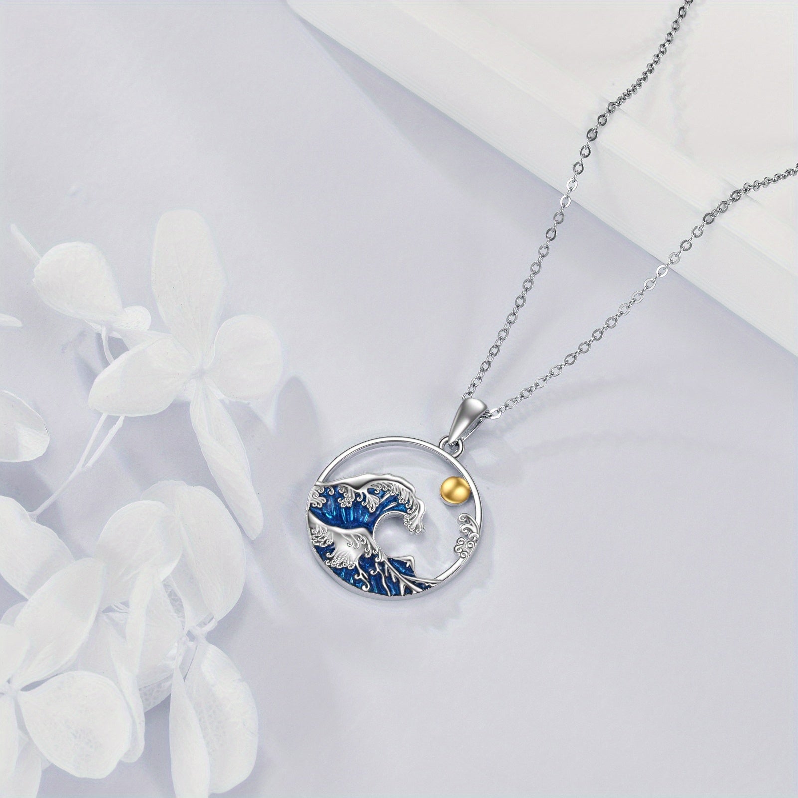 Coastal Wave & Sun Silver Pendant Necklace