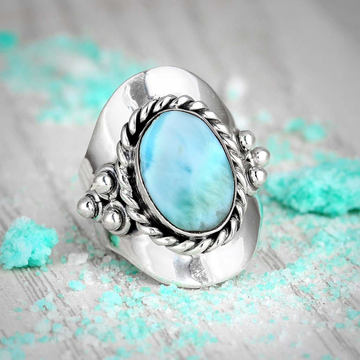 Oval Larimar Silver Boho Ring