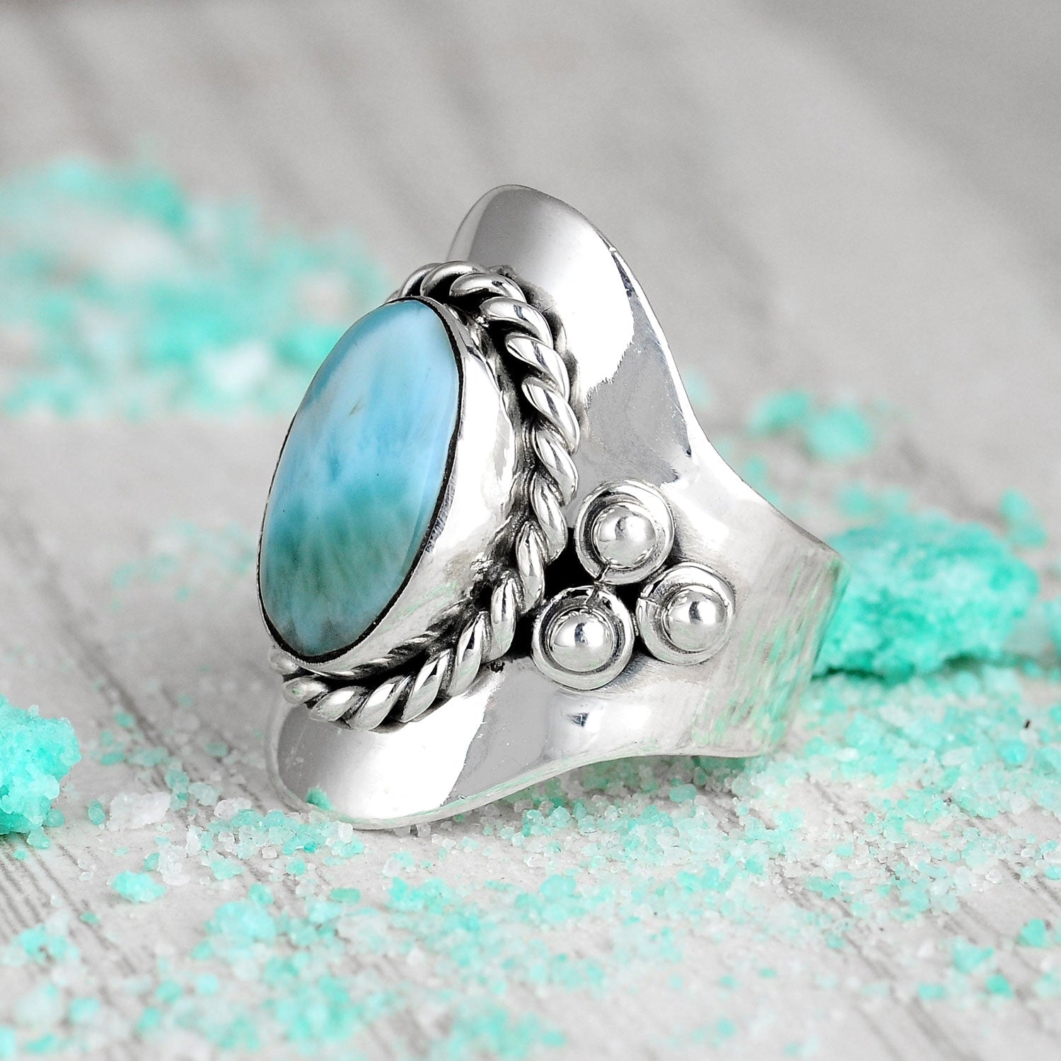 Oval Larimar Silver Boho Ring